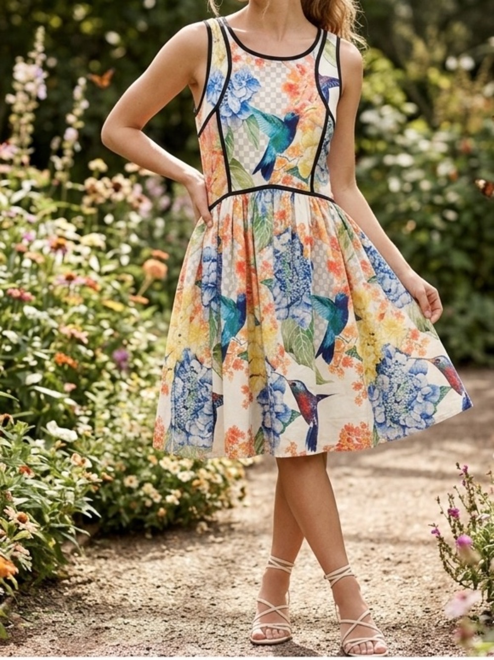 Mose Orange & Blue Hummingbird Floral Fit and Flare Sundress